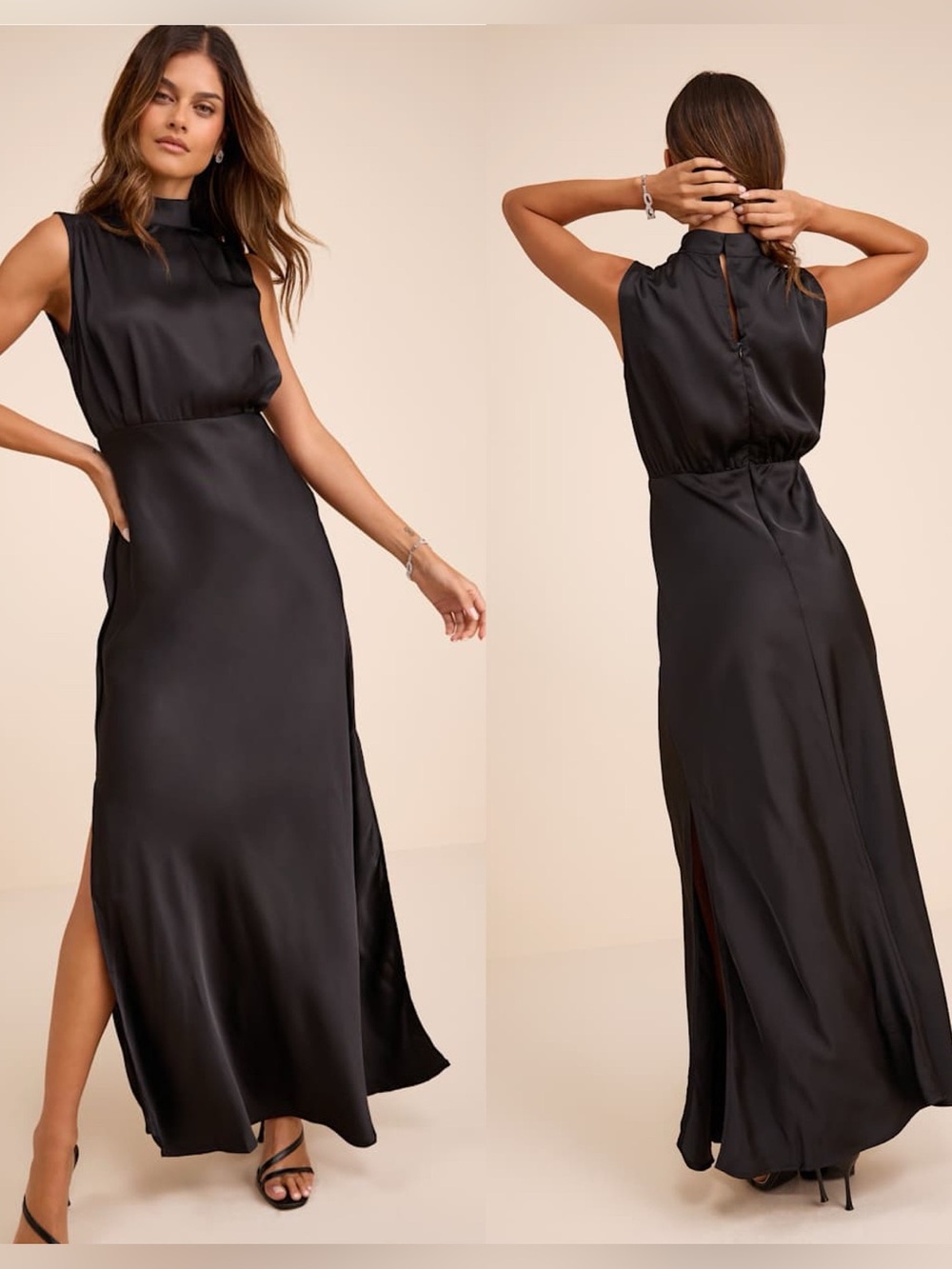 NWT Classic Elegance Black Satin Sleeveless Mock Neck Maxi Dress size large